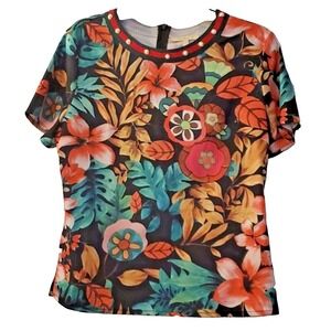 FLORAL PRINT STRETCH SHIRT SIZE LARGE Top Cute Boho Pearl Funky Casual Brunch